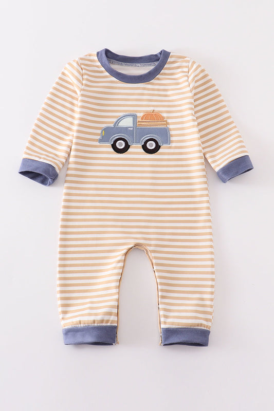 BROWN STRIPE Pumpkin TRUCK APPLIQUE BOY ROMPER