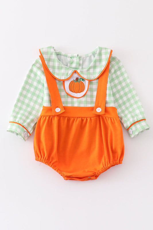 PUMPKIN EMBROIDERY PLAID BOY BUBBLE SET